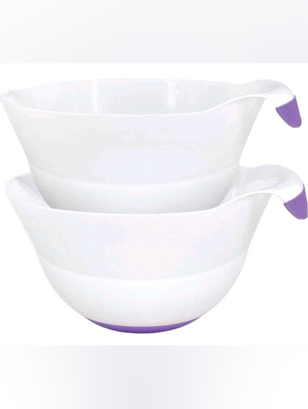 2x 3-Qt Plastic Mixing Bowls w/ Easy Grip Handle & Non-Slip Bottom White/Purple